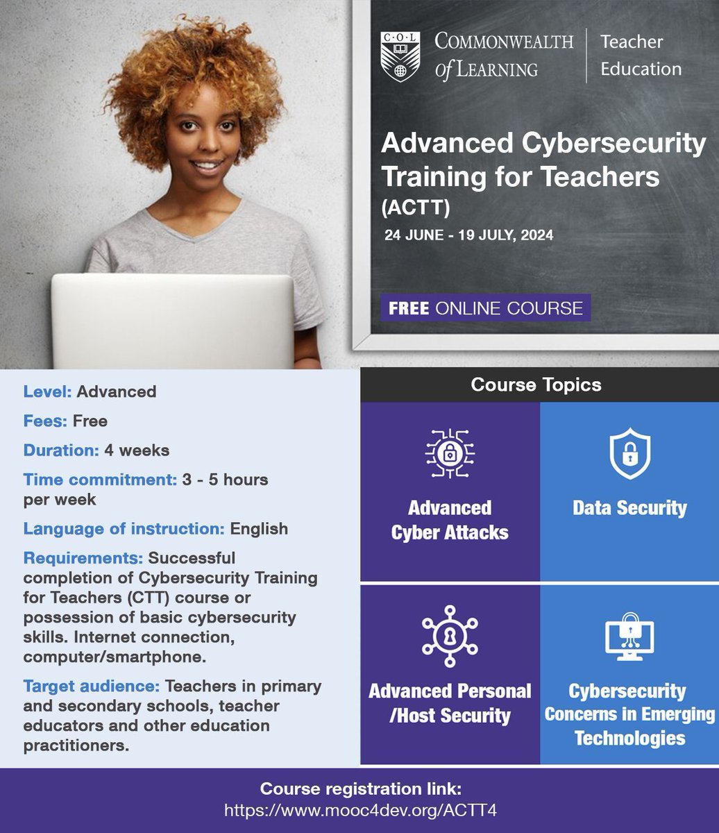 Only 5 Days Left! With #cyberthreats on the rise, like the Zoombombing and phishing it’s crucial for educators to be prepared. 

Join our 4-week course to safeguard your digital classroom. 
📅 Deadline: 7th July 2024
🔗 Enroll: buff.ly/4bixxxf

#ACTT #OnlineSafety #EdTech