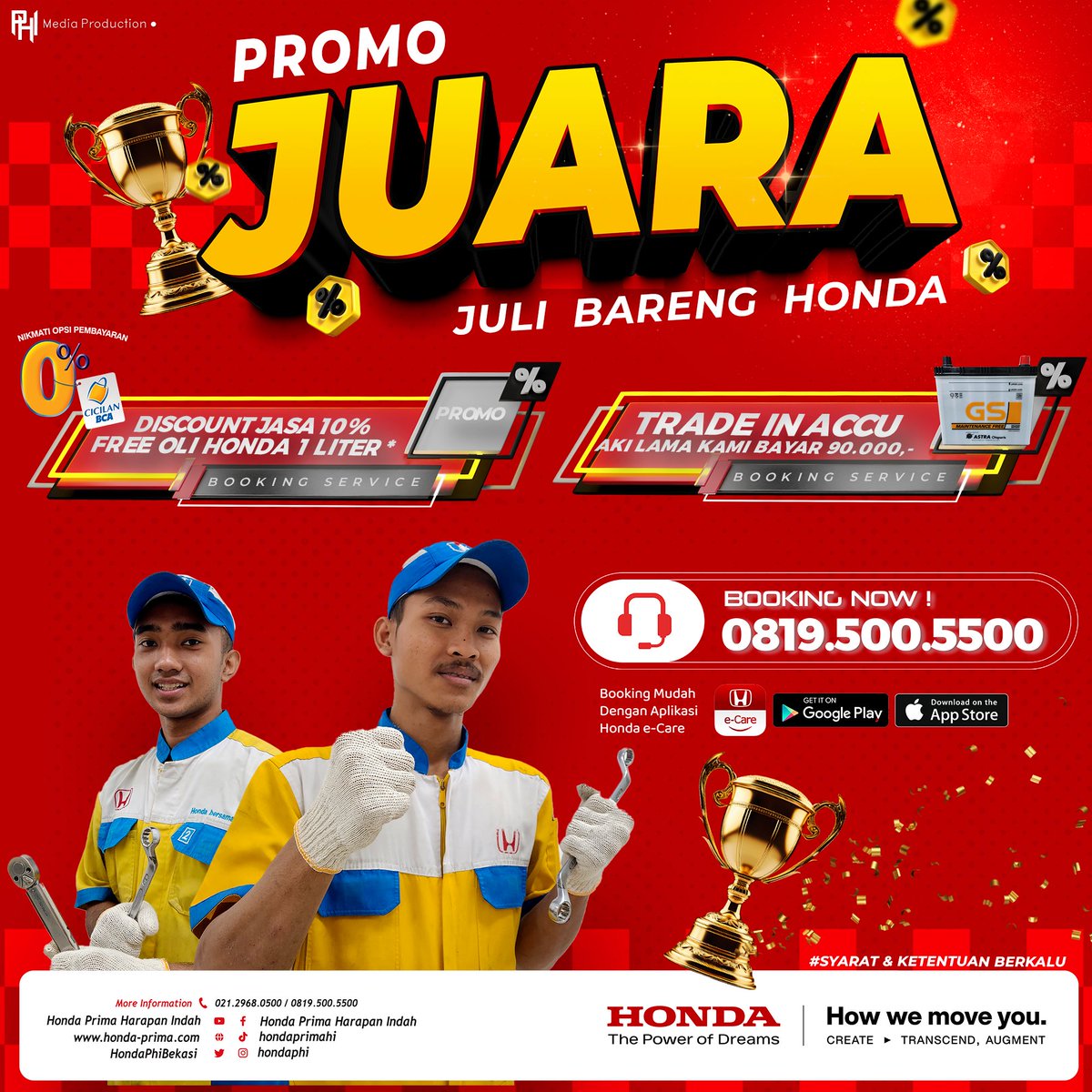 HondaPhiBekasi's tweet image. Promo Juara !
Nikmati promo booking service mobil di bengkel resmi Kami.
1. Free Oli Honda Gold 1 Liter*
2. Diskon Jasa 10%*
3. Opsi Cicilan Pembayaran BCA 0%
4. Trade In Accu

#PromoServiceHonda #ServisMobil #Honda #Bekasi #Jakarta #Promo #Sale #Service #Juli