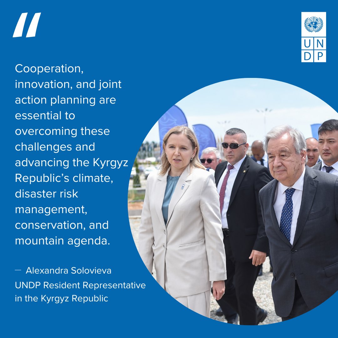 <a href="/JapanGov/">The Gov't of Japan</a> <a href="/antonioguterres/">António Guterres</a> Alexandra <a href="/AaSolovieva/">Alexandra Solovieva</a>, <a href="/undpkg/">UNDP in Kyrgyzstan</a> RR, briefed <a href="/antonioguterres/">António Guterres</a> on joint efforts advancing #Kyrgyzstan's climate agenda. Cooperation and innovation are key to mitigating climate risks and promoting #SustainableDevelopment.