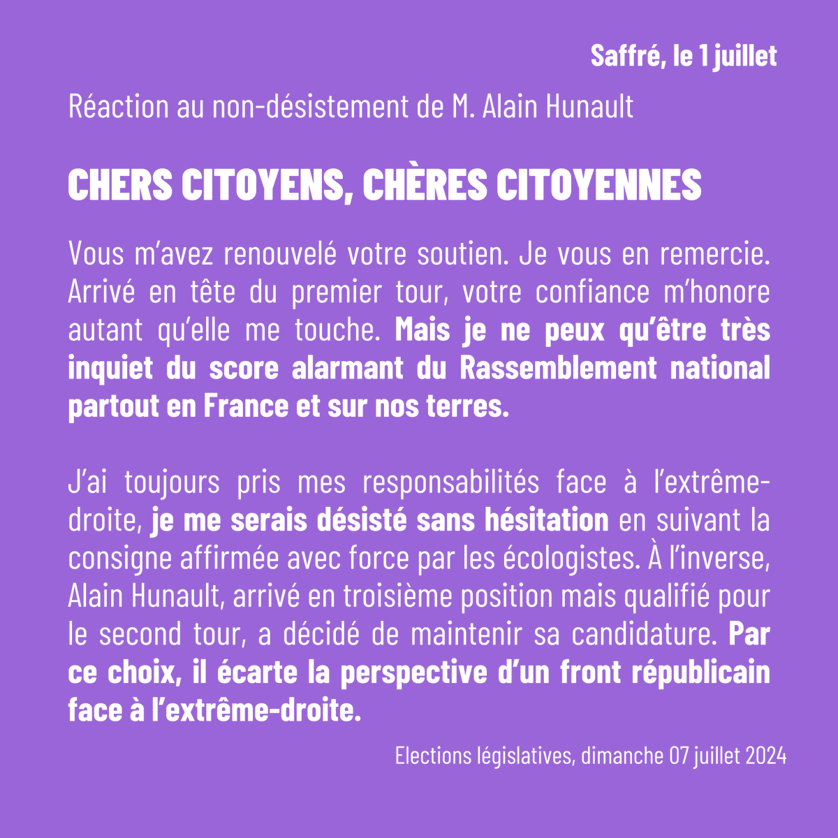 JeanClaudeRaux's tweet photo. Ma réaction au non-désistement de M. Alain Hunault, arrivé 3ème au premier tour ⤵️ https://t.co/AG7WS1gSoO