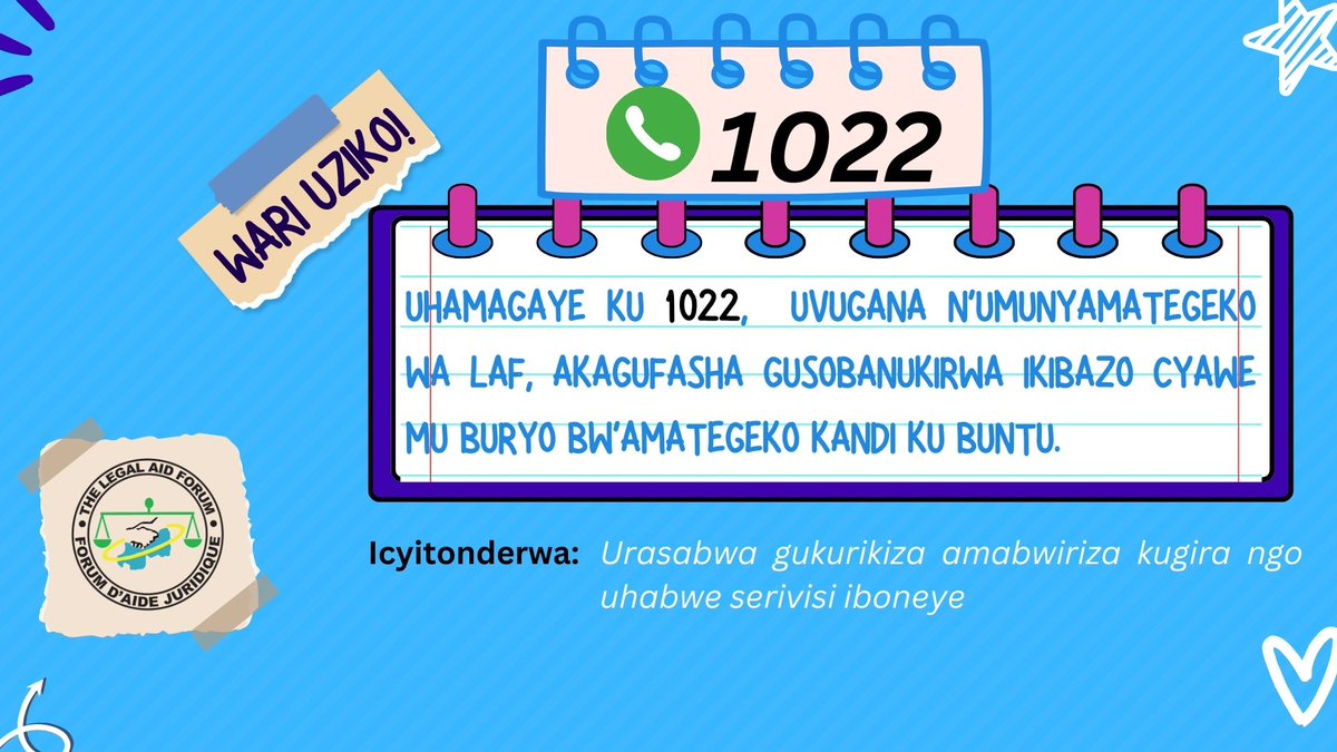 📢Wari Uziko!?

uhamagaye ku 1022 uhabwa ubufasha mu by'amategeko ku buntu!

⚠️Urasabwa gukurikiza amabwiriza kugira ngo uhabwe serivisi iboneye.😇