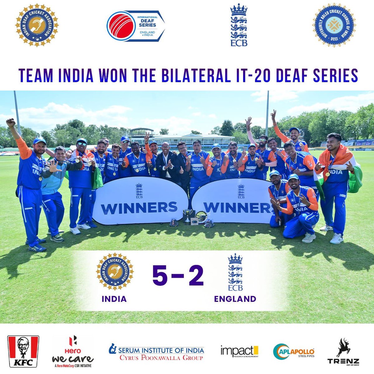 official_odca's tweet photo. Heartiest Congratulations 𝐂𝐇𝐀𝐌𝐏𝐈𝐎𝐍𝐒 and @official_idca
We are proud of the 𝐓𝐞𝐚𝐦 𝐈𝐧𝐝𝐢𝐚 brings the 𝐓20 bilateral deaf cricket series against to England home in a 𝐆𝐑𝐄𝐀𝐓 𝐒𝐓𝐘𝐋𝐄 🏏
Thank you so much 𝐓𝐞𝐚𝐦 Deaf 𝐈𝐧𝐝𝐢𝐚
 🇮🇳 🏏🏆🏏 🇮🇳 @BCCI @ICC @JayShah https://t.co/Lu7yU5mbAl