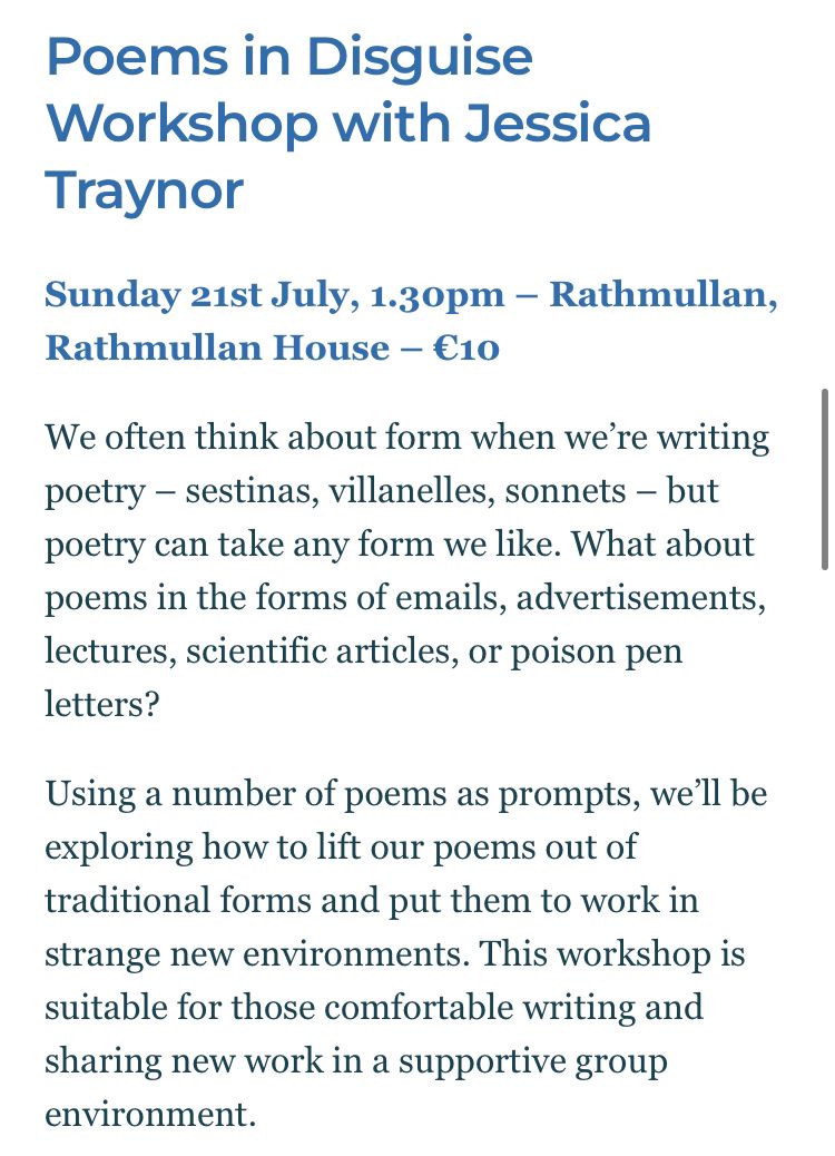 Holy Show :: print & production co. (@holyshow_ie) on Twitter photo Prose and poetry workshops with <a href="/hollowaywriter2/">Patrick Holloway</a> and <a href="/JessicaTraynor6/">Jessica Traynor</a>
Sunday 21 July @ the Journals Fleadh in Rathmullan, part of the <a href="/EaragailArts/">Earagail Arts Festival</a>
A steal at €10 each!
Book here: eaf.ie/the-journals-f… Prose and poetry workshops with <a href="/hollowaywriter2/">Patrick Holloway</a> and <a href="/JessicaTraynor6/">Jessica Traynor</a>
Sunday 21 July @ the Journals Fleadh in Rathmullan, part of the <a href="/EaragailArts/">Earagail Arts Festival</a>
A steal at €10 each!
Book here: eaf.ie/the-journals-f…