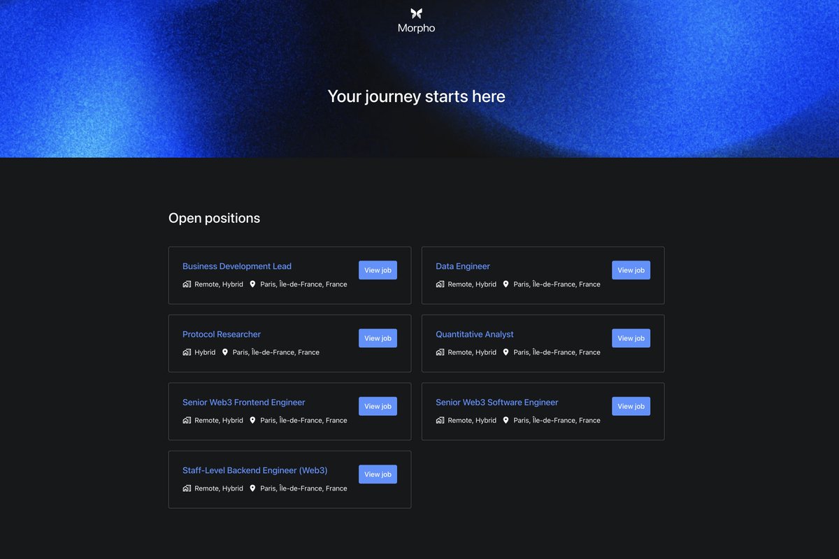 Not a tweet about $$$ deposited on Morpho Blue deposited on Base... 

But -> Lots of open positions currently <a href="/MorphoLabs/">Morpho Labs</a> 

Our Integration team (team is v cool, if not convinced, come say hi at EthCC) is recruiting a Senior Web3 Soft eng, and a Quant analyst.

Feel free to jump