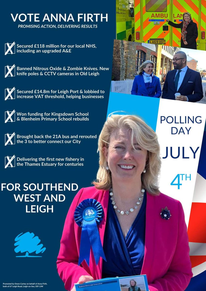 Anna_Firth's tweet photo. On THURSDAY, you have a choice. 

You can vote for me, your local candidate, born in Leigh with a record of delivery. 

OR 

Keir Starmer's man from Basildon. 

Vote for the person you think will ALWAYS stand up for our community, not just when it's convenient. 

#voteannafirth
#annafirth4southendwestandleigh
#GeneralElection2024