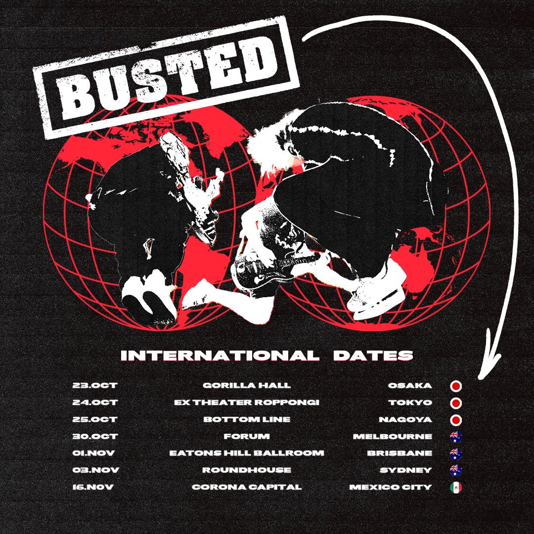 Busted's tweet photo. JAPAN AND AUSTRALIA! This is gonna be mega!! We are coming to play some shows in October and November! This has been a very long time coming and we cannot wait to visit, who are we going to see in the crowd at one of these dates? Let’s jump around and lose our minds  🤘🏼🇯🇵🇦🇺 https://t.co/Y6cYxItHFo