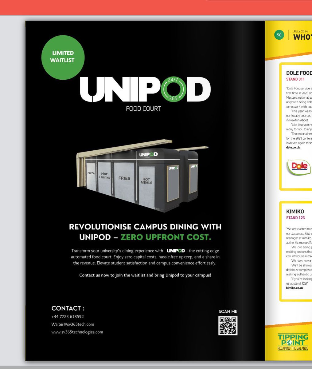 Check out our advert in <a href="/TUCOltd/">TUCOltd</a> for the new Unipod Food Court – coming to a campus near you! Get ready for an exciting, convenient dining experience. 🍽️🏫 #UnipodFoodCourt #CampusDining #SV365 #TUCO #FoodInnovation #UniversityLife #ConvenientDining