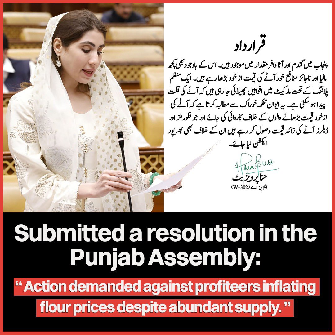 پنجاب میں گندم اور آٹا وافر مقدار میں موجود ہے، اس کے باوجود بھی کچھ مافیا اور منافع خود آٹے کی قیمت میں اضافہ کر رہی ہیں، اس مافیا کےخلاف کارروائی کیلئے قرارداد پنجاب اسمبلی میں جمع کرا دی