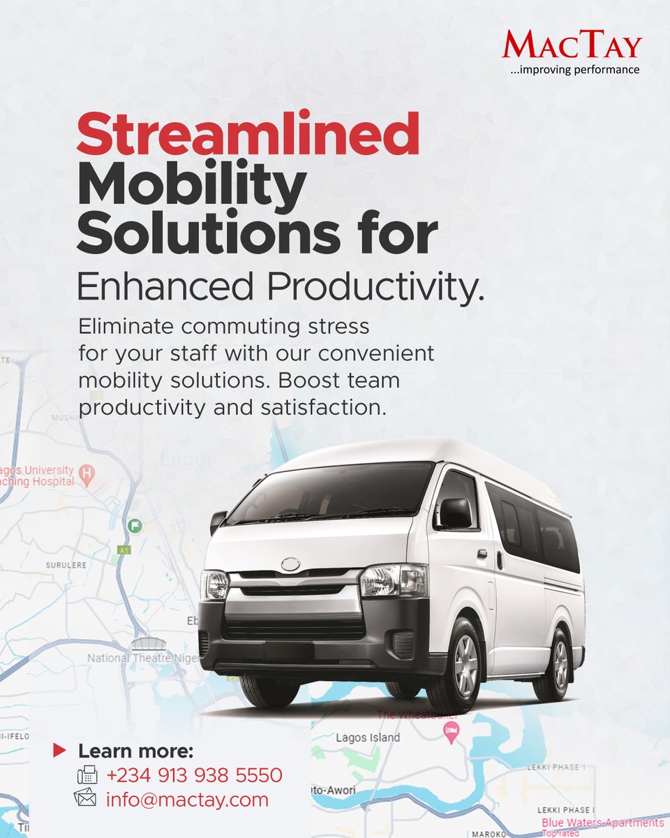 MacTayconsult's tweet photo. Boost employee morale and productivity by ensuring they arrive at appointments and work locations on time, well-rested, and ready to focus on what truly matters - your business success.
Learn more:
+2349139385550
info@mactay.com
#MacTay #fleetmanagement #teamcommute https://t.co/Ab5COTUuvC