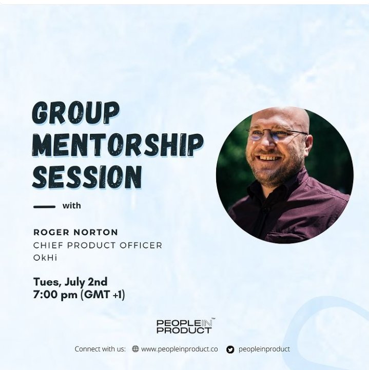 People In Product (@peopleinproduct) on Twitter photo 👋Hi guys! Another episode of our Group Mentorship Session is today at 7pm (GMT +1)
Our mentor for today is <a href="/rogernort/">Roger Norton</a>, he'll answer all our product-related questions and give guidance to help our product journey.
More info on how to join this session is on our community.✨ 👋Hi guys! Another episode of our Group Mentorship Session is today at 7pm (GMT +1)
Our mentor for today is <a href="/rogernort/">Roger Norton</a>, he'll answer all our product-related questions and give guidance to help our product journey.
More info on how to join this session is on our community.✨