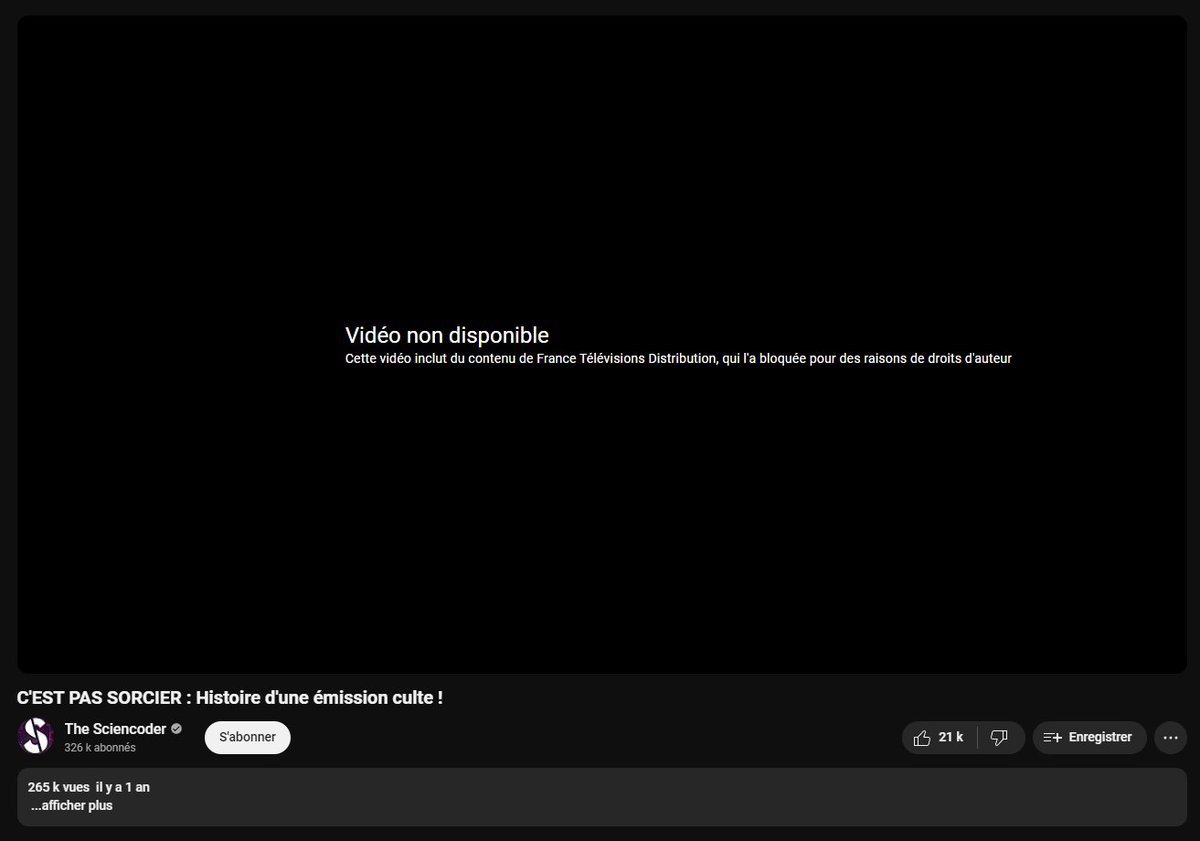 TheSciencoder's tweet photo. Bonjour @Francetele 

Serait-il possible de revenir sur votre décision de BLOQUER DANS LE MONDE ENTIER ma vidéo sur l'histoire de l'émission "C'est Pas Sorcier". 

C'est pas mal d'heures de boulot pour raconter la genèse de l'émission. C'est triste d’empêcher les gens de la voir. https://t.co/YdTXaw0qWo