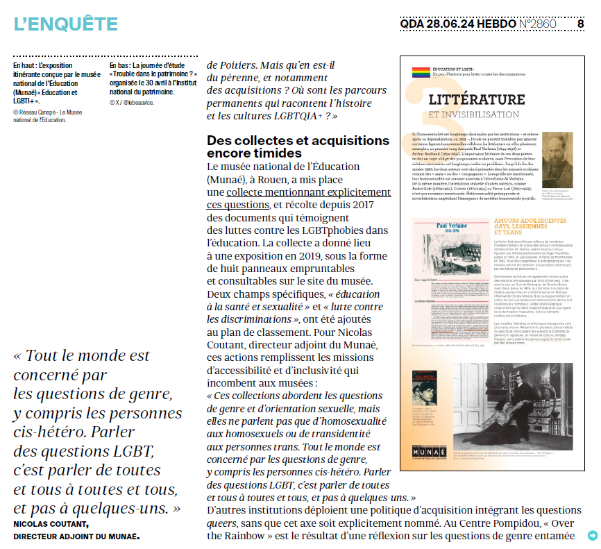[Presse] Merci à <a href="/sebastienmagro/">Sebastien Magro</a> et <a href="/Quotidiendelart/">Quotidien de l'Art</a> pour cette mise en valeur des collections du <a href="/MuseeEducation/">MUNAÉ</a> et de leur singularité✨ Depuis 2017 le musée récolte des "documents qui témoignent des luttes ctre les LGBTIphobies dans l'éducation"🏳️‍🌈