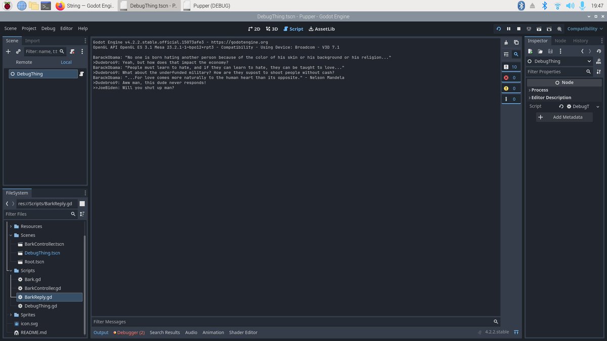 KRGameStudios's tweet image. Here, the "Dudebro69" user would be where the player had made choices - right now, I'm still working on the basic structure before the UI.

It'll be interesting to see if this works out well.

#gamedev #pupper