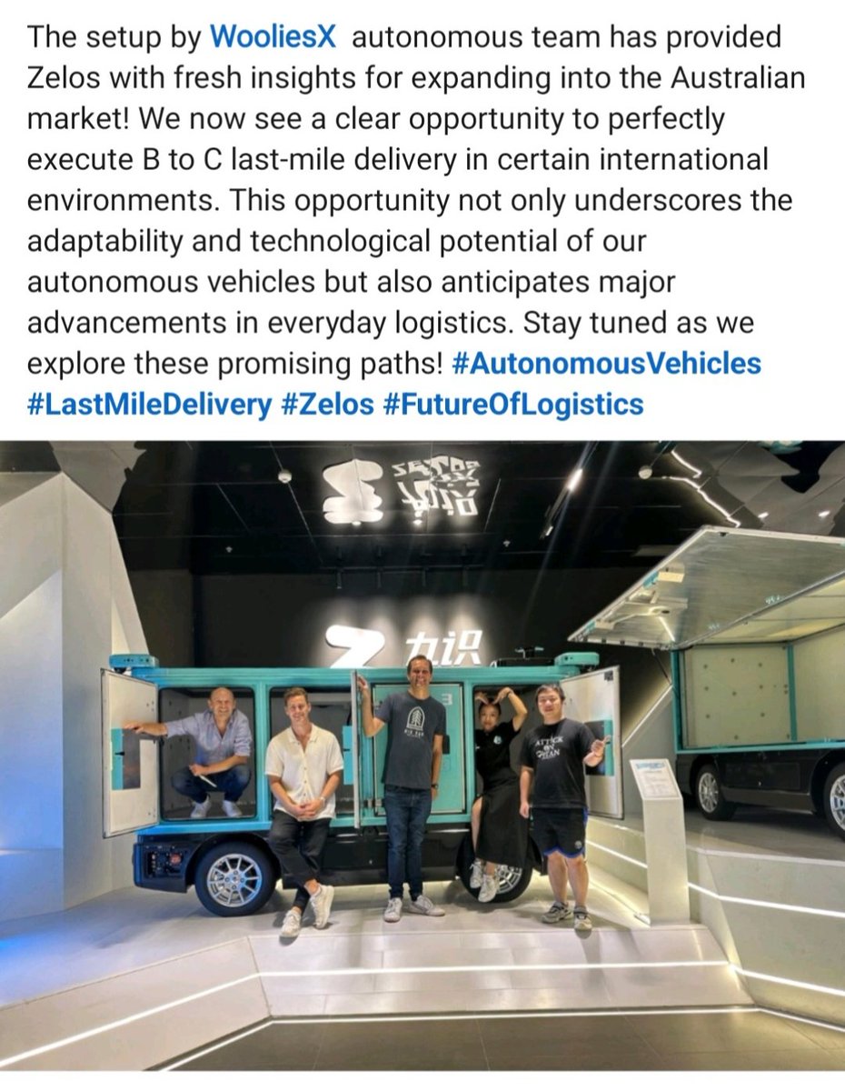 _X_Alex_'s tweet photo. The setup by #WooliesX -
autonomous team has provided
#Zelostech with fresh insights for
expanding into the Australian market

#Autonomous #ElectricVehicles
#EV #AutonomousVehicles

Cenntro #iChassis
#CENN #CENNTRO - $CENN

#Zelos #Zelostechnology
We now see a clear opportunity
to perfectly execute B to C last-mile
delivery in certain international
environments. This opportunity not
only underscores the adaptability
and technological potential of our
autonomous vehicles but also
anticipates major advancements
in everyday logistics.
-