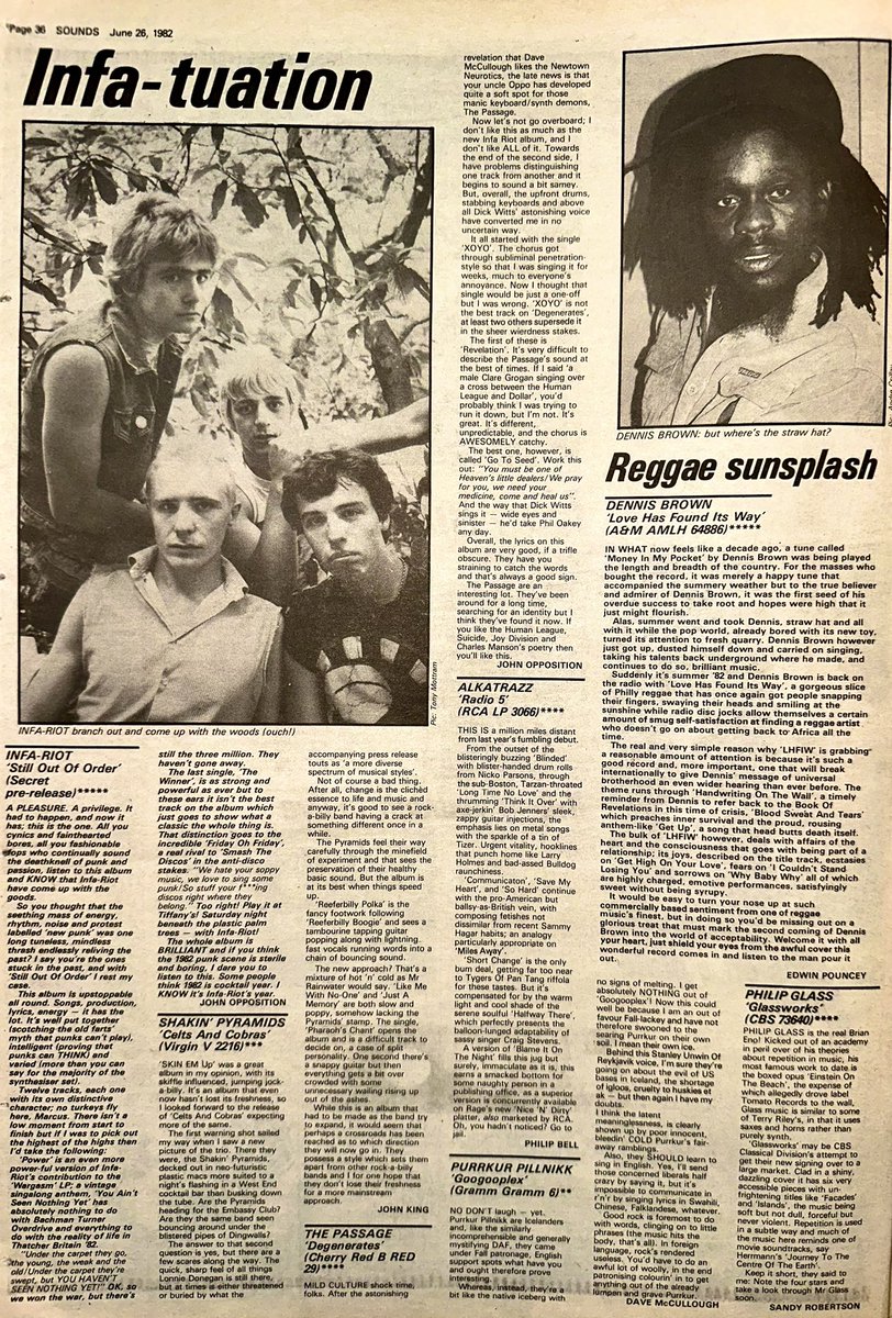 ZoundsAbound's tweet photo. Edwin Pouncey gives 5⭐️ to ‘Love Has Found It’s Way’ by #DennisBrown, as does John Opposition for ‘Still Out Of Order’ by #InfaRiot
Great reviews for LPs by #Alcatraz & #ThePassage too
Sandy Robertson reviews the classic LP ‘Glassworks’ by @philipglass
Sounds Jun 26th 1982 https://t.co/B2jFRzTSou