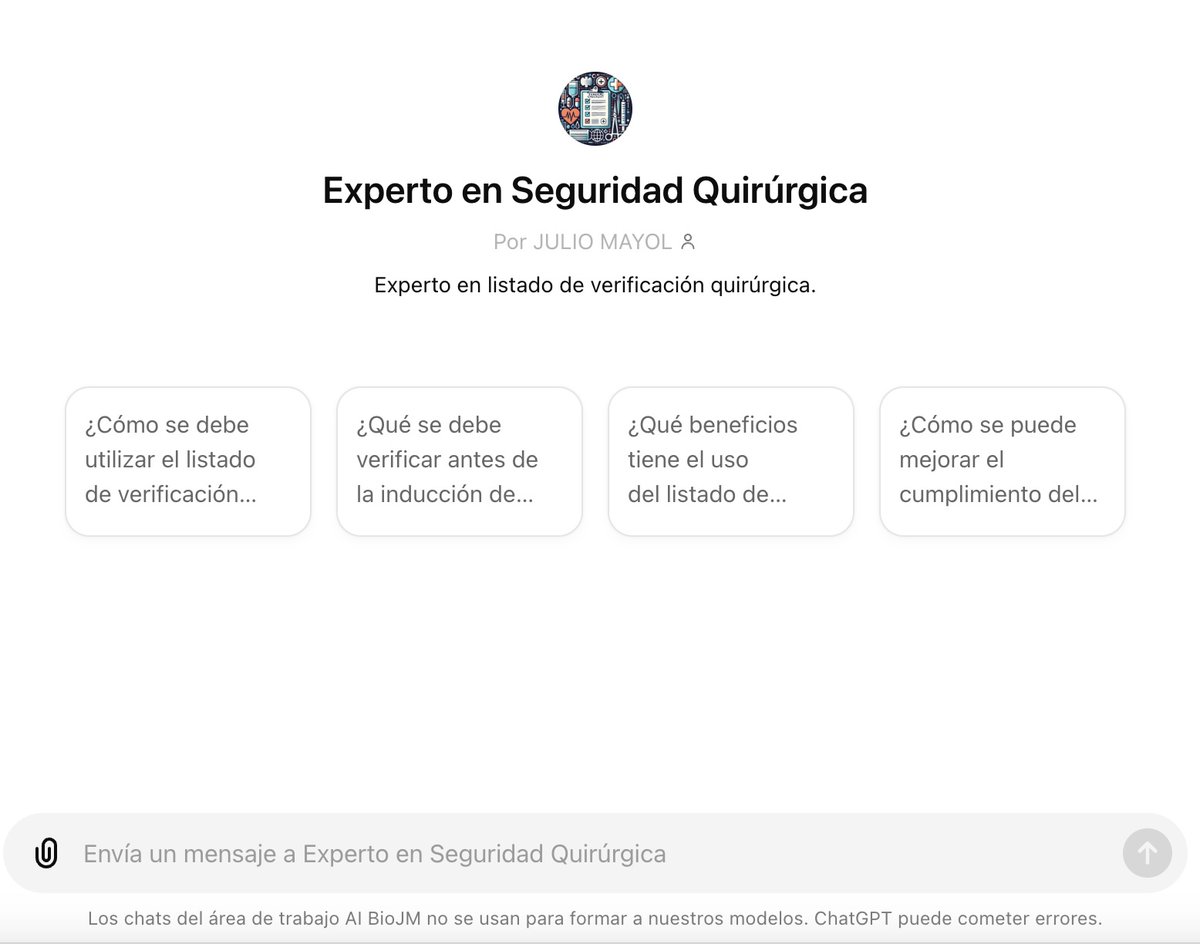 juliomayol's tweet photo. Ya está disponible el Experto en Seguridad Quirúrgica, un chatbot que sintetiza el conocimiento científico disponible y las recomendaciones de la OMS (checklist quirúrgico) para disminuir los riesgos para pacientes y profesionales.
#GenAI #SecPac
https://t.co/Im1rJUoidO https://t.co/LxzrdSwJMx