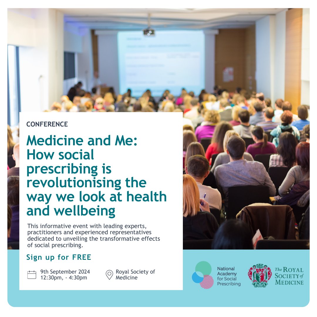 The National Academy for Social Prescribing (@nasptweets) on Twitter photo Sign up for this free conference on the 9th September at the Royal Society of Medicine in London!
'Medicine and Me: How social prescribing is revolutionising the way we look at health and wellbeing', is organised by the <a href="/RoySocMed/">The Royal Society of Medicine</a> and NASP.
Book now: ow.ly/TfYS50StvTe Sign up for this free conference on the 9th September at the Royal Society of Medicine in London!
'Medicine and Me: How social prescribing is revolutionising the way we look at health and wellbeing', is organised by the <a href="/RoySocMed/">The Royal Society of Medicine</a> and NASP.
Book now: ow.ly/TfYS50StvTe