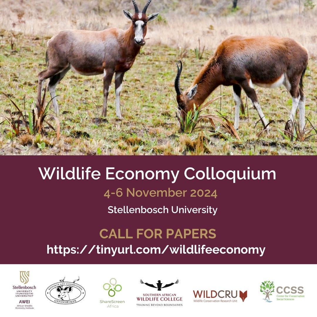 WildlifeEconomy's tweet photo. Are you working on the wildlife economy in Africa? Join us at the African Wildlife Economy Colloquium in Stellenbosch 4-6 November.  

Submit abstract: https://t.co/TF4pTq8nZ6 

For more information: https://t.co/guLplBgdLZ
#wildlifeeconomy #AWEIColloquium #ConservationResearch https://t.co/JCu79A4kHb