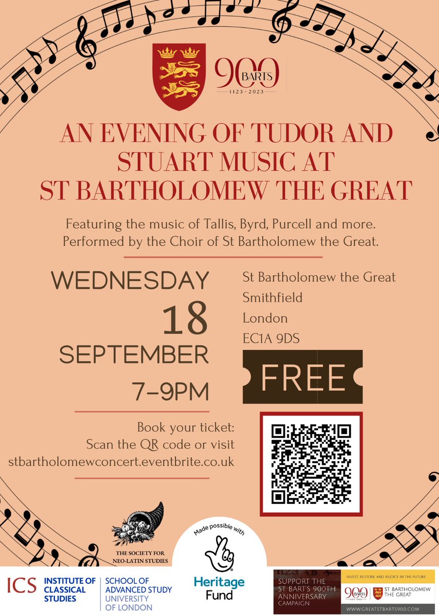 All are warmly welcome to an upcoming free event!
An Evening of Tudor and Stuart Music at St Bartholomew the Great

A collaboration between researchers with the <a href="/NeoLatinSociety/">SNLS</a> and <a href="/StBartholomews/">Great St Bartholomew</a> 

stbartholomewconcert.eventbrite.co.uk