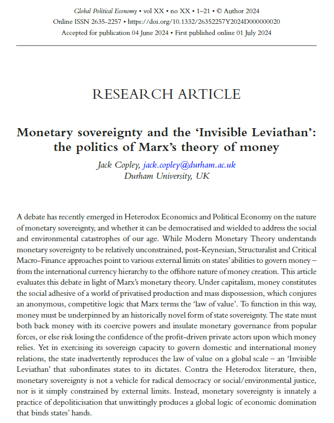 Jack Copley (@jackcopley6) on Twitter photo New piece in <a href="/GPEjournal/">Global Political Economy Journal</a> on money, state, and sovereignty. It's part of a larger interest of mine in putting Post-Keynesian and Marxist approaches (particularly Political and Open Marxist) into conversation with one another. doi.org/10.1332/263522… New piece in <a href="/GPEjournal/">Global Political Economy Journal</a> on money, state, and sovereignty. It's part of a larger interest of mine in putting Post-Keynesian and Marxist approaches (particularly Political and Open Marxist) into conversation with one another. doi.org/10.1332/263522…