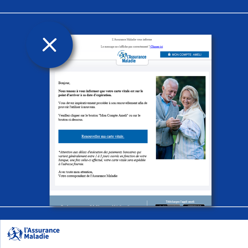 Assur_Maladie's tweet photo. #Phishing | Si vous recevez un email non sollicité de la part de l'Assurance Maladie, soyez vigilant ⚠️

Prêtez une attention toute particulière aux hyperliens présents dans l'email ou ses pièces-jointes et préférez un accès direct à votre #compteAmeli 🔐

@cybervictimes