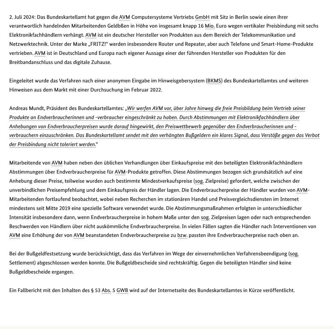 datawrangler2's tweet photo. [*Bundeskartellamt]
.
verhängt Bußgeld
gegen den Hersteller
von #FritzBox-
Produkten | #AVM
Geschäftsführung akzeptiert
#Bußgeld i.H.v. 16 Mio €
anstandslos
https://t.co/zfI964XiPb
#Berlin #Router #ModemRouter #VertikalePreisabsprache #Bundeskartellamt#artellamt #Preisabsprachen https://t.co/Ogjjnw8kU8