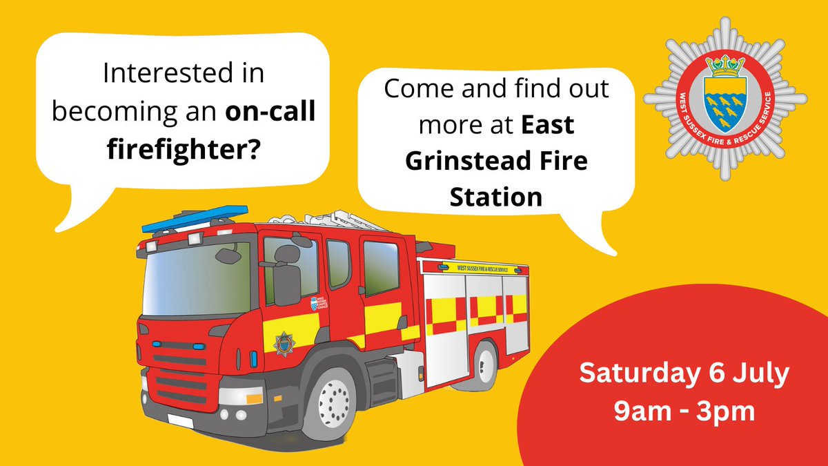 Could you be an on-call (retained) firefighter in East Grinstead?

🚒 Come and have a go at East Grinstead Fire Station on Saturday 6 July. 

Find out more and sign up at orlo.uk/wKJmd