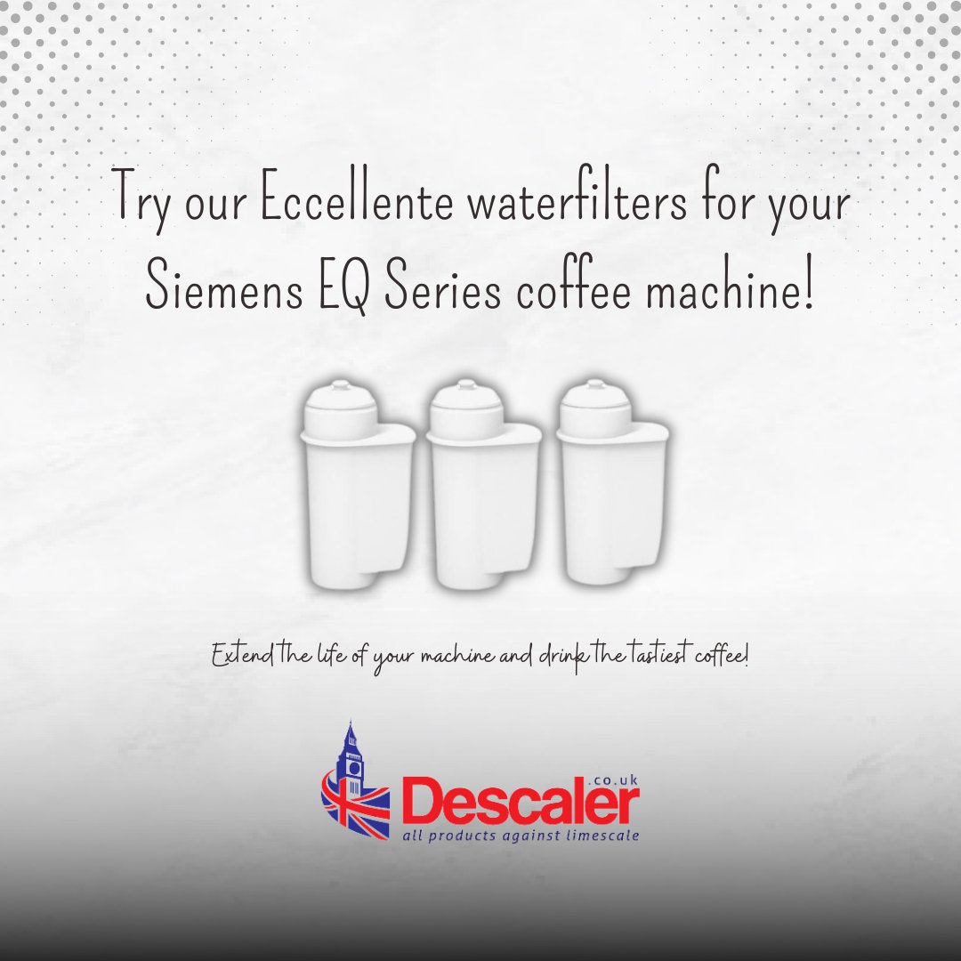 DescalerUK's tweet photo. Try our Eccellente Water Filters for your Siemens EQ series coffee machine. These filters come in packs of 3 so that you have extra water filters on hand for that perfect brew. ☕️✨
Enjoy pure, clean water that brings out the best in your coffee. https://t.co/a8m7vRsmLE https://t.co/RYNzmYSOQg