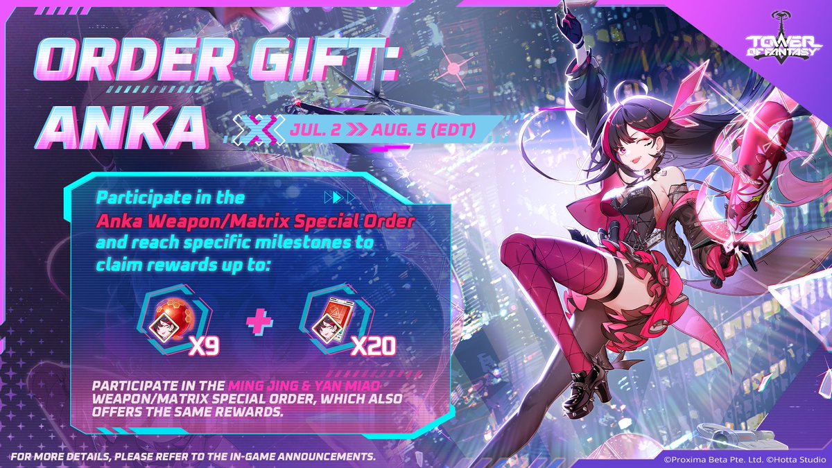 ToF_EN_Official's tweet image. #TowerofFantasy ⚔ Anka Weapon/Matrix Special Order

▶ Event period: Jul. 2 ~ 22:00 Aug. 5 (EDT)

#Anka is now obtainable! Unleash the power of the Poppin' Stick on your enemies!

Join the Anka or Ming Jing/Yan Miao special orders for exclusive rewards!🎁