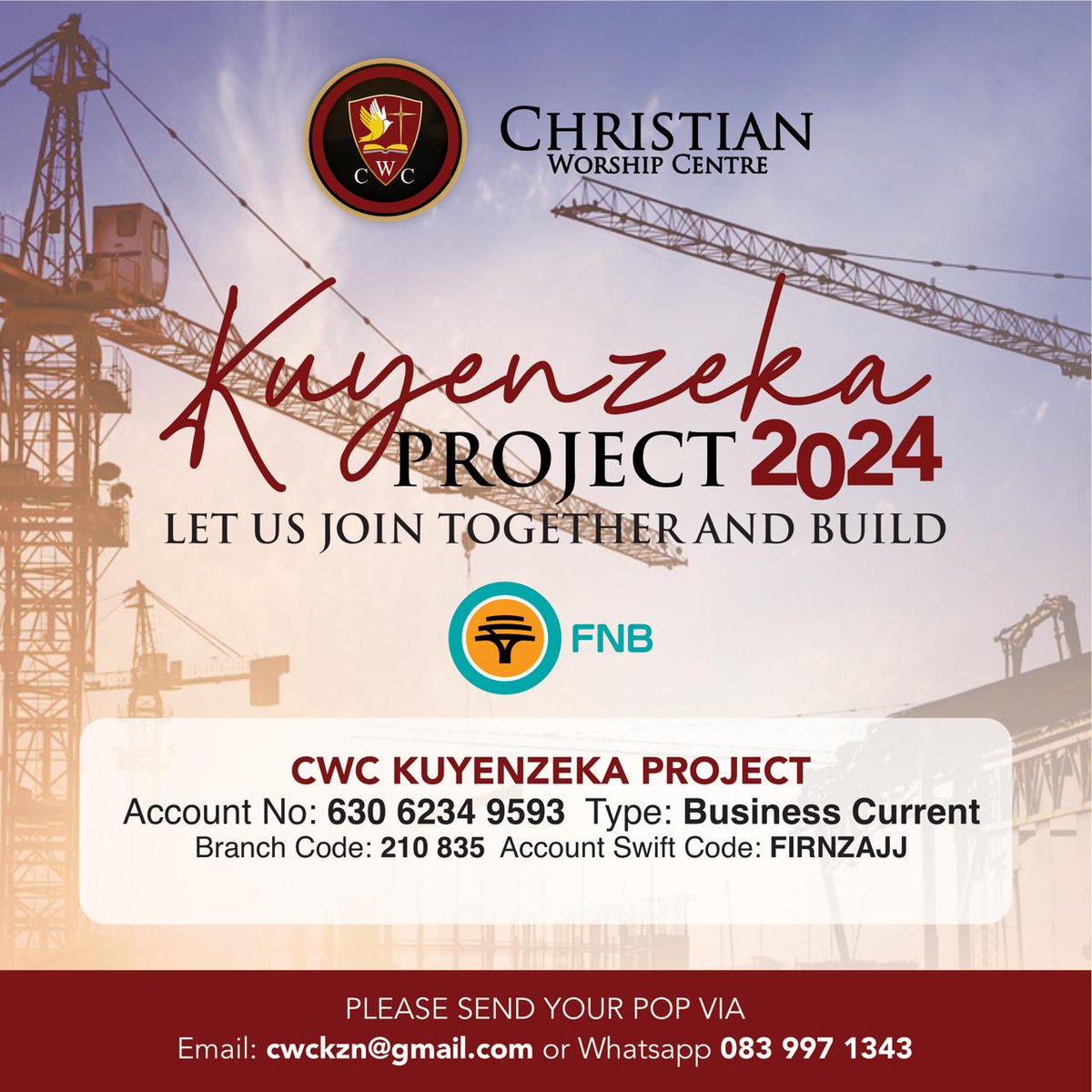 CWCKZNTV's tweet image. If you would like to partner with us on our Kuyenzeka Building project, Kindly use the following details, God bless you.

#kuyenzeka
#Cwckzn