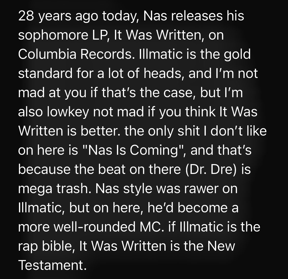 vinnie_paz's tweet photo. 28 years ago today, Nas releases his sophomore LP, It Was Written, on Columbia Records. https://t.co/AphQAOS6v6