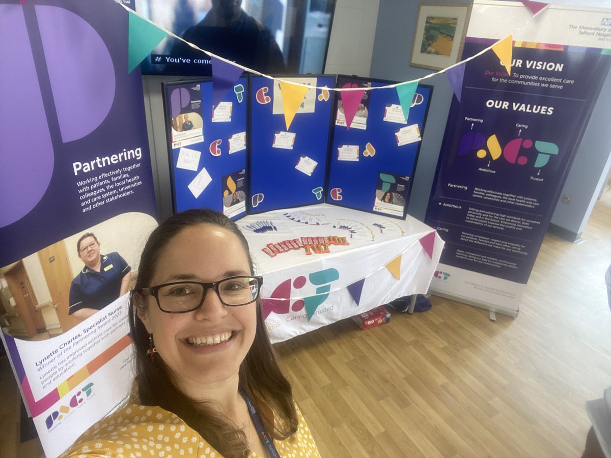 Doing my first little stint as I move over to be <a href="/sathNHS/">SaTH</a> <a href="/NHSEngland/">NHS England</a> #PeoplePromise Manager! Starting with a celebration of the Trust’s values: 
Partnering - Ambitious - Caring - Trusted

Today is a JOY day! Come and say hi at Mytton restaurant - here ‘til 12 👏💙