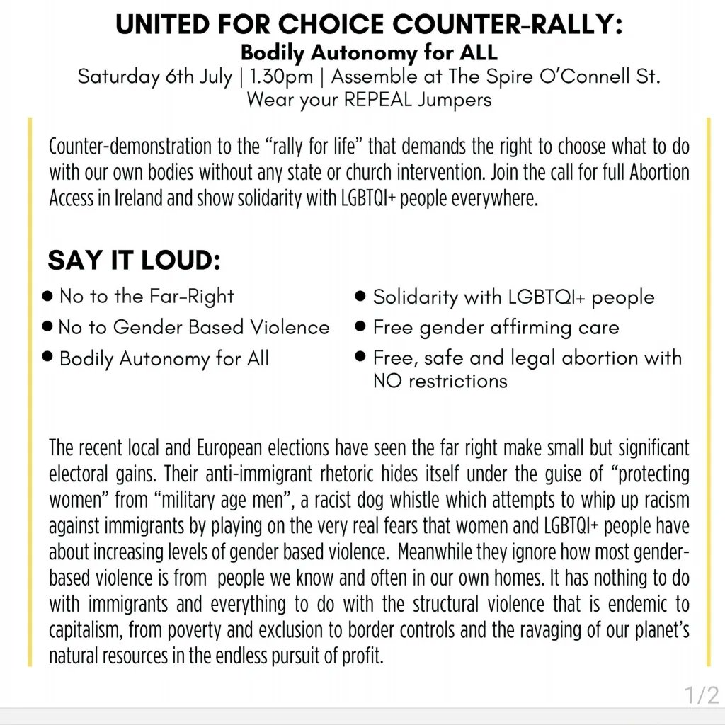 Call for action this Saturday in Dublin to counter the insidious forced birth rally at 1.30pm.

All welcome to come stand with us. #unitedforchoice