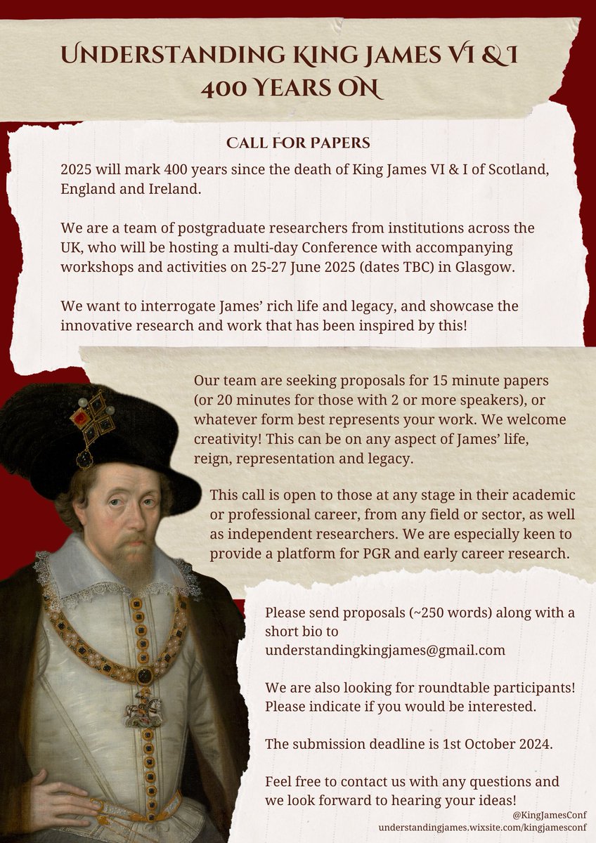 🚨 CFP alert 🚨

It's time! Here is the official CfP for #UnderstandingKingJames2025

The conference will be held in Glasgow on 25-27 June 2025 (dates TBC)

Deadline for proposals is 1 Oct 2024, we cannot wait to hear from everyone 😍

Text only version:
docs.google.com/document/d/17g…