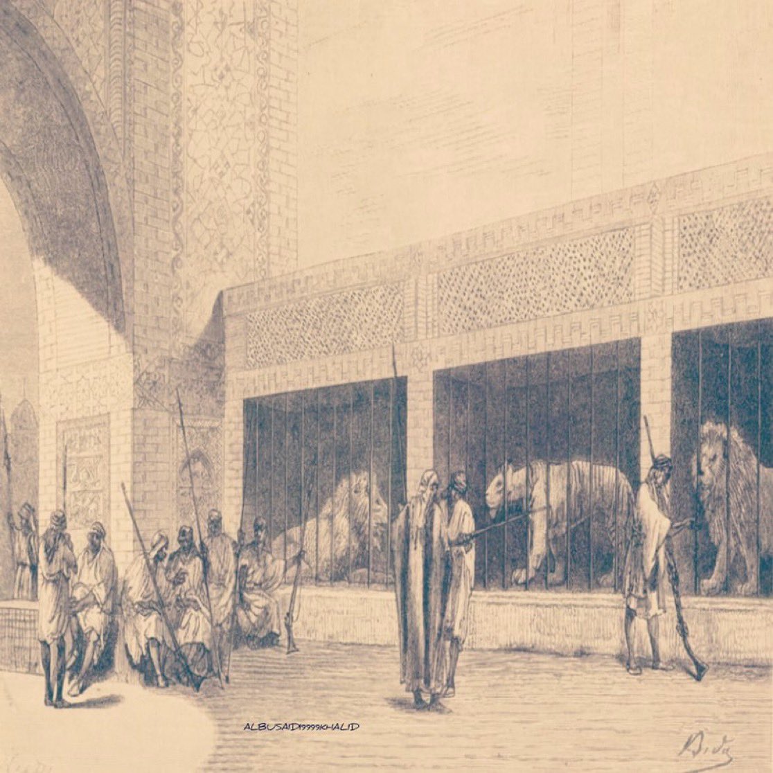 رسمه للأسود والنمور على مدخل قصر السلطان تركي بن سعيد آل سعيد  🦁🇴🇲.

- من كتاب "سجل التنقيبات في سوس" للباحثة الأثرية الفرنسية جين ديلافوي التي زارت مسقط عام 1884م 🇫🇷😉.