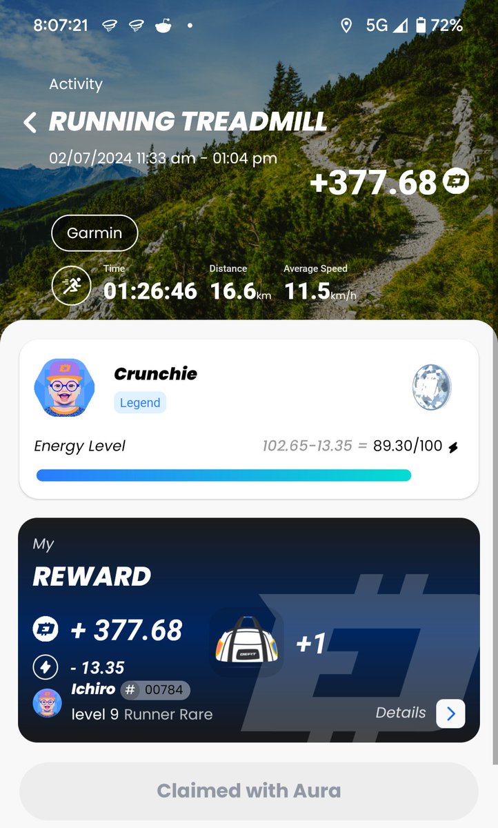 0xCrunchie's tweet photo. 🏃♂️ Completed my runs yesterday and today, earning over $95 in $DEFIT tokens, dropped auras to my team on @DEFITofficial and claimed one from @DefitValhalla captain! Feeling great and loving the rewards! 💪 #RunAndEarn #CryptoFitness #DEFIT #move2earn https://t.co/14ixgrrfXd