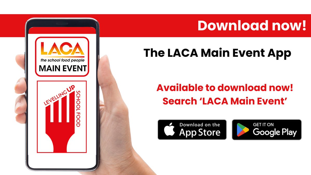 📢 Heading to the LACA Main Event or School Food Show this week? 

Make sure you download the event app! 📲

Don’t miss out – stay informed and make the most of your visit! See you there! 👋 

🔎Search LACA Main Event 2024 or visit lacamainevent.co.uk/8/main-event-a…

#LACAME #SchoolFoodShow
