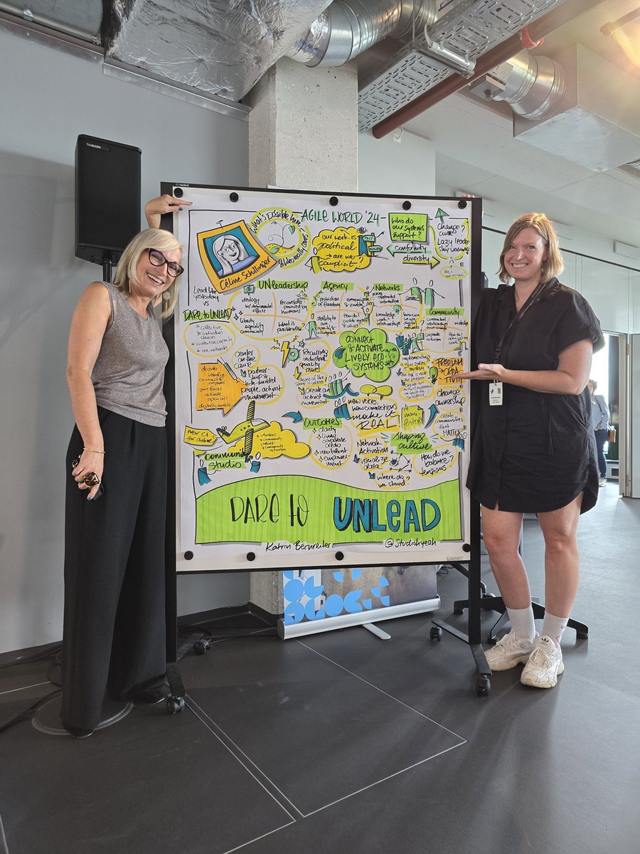 studiohyeah's tweet photo. The fantastic @CelineSchill spoke about daring to unlead at #agileworld 2024 and I got to draw along ✨️ https://t.co/KL4PHLQ7dw