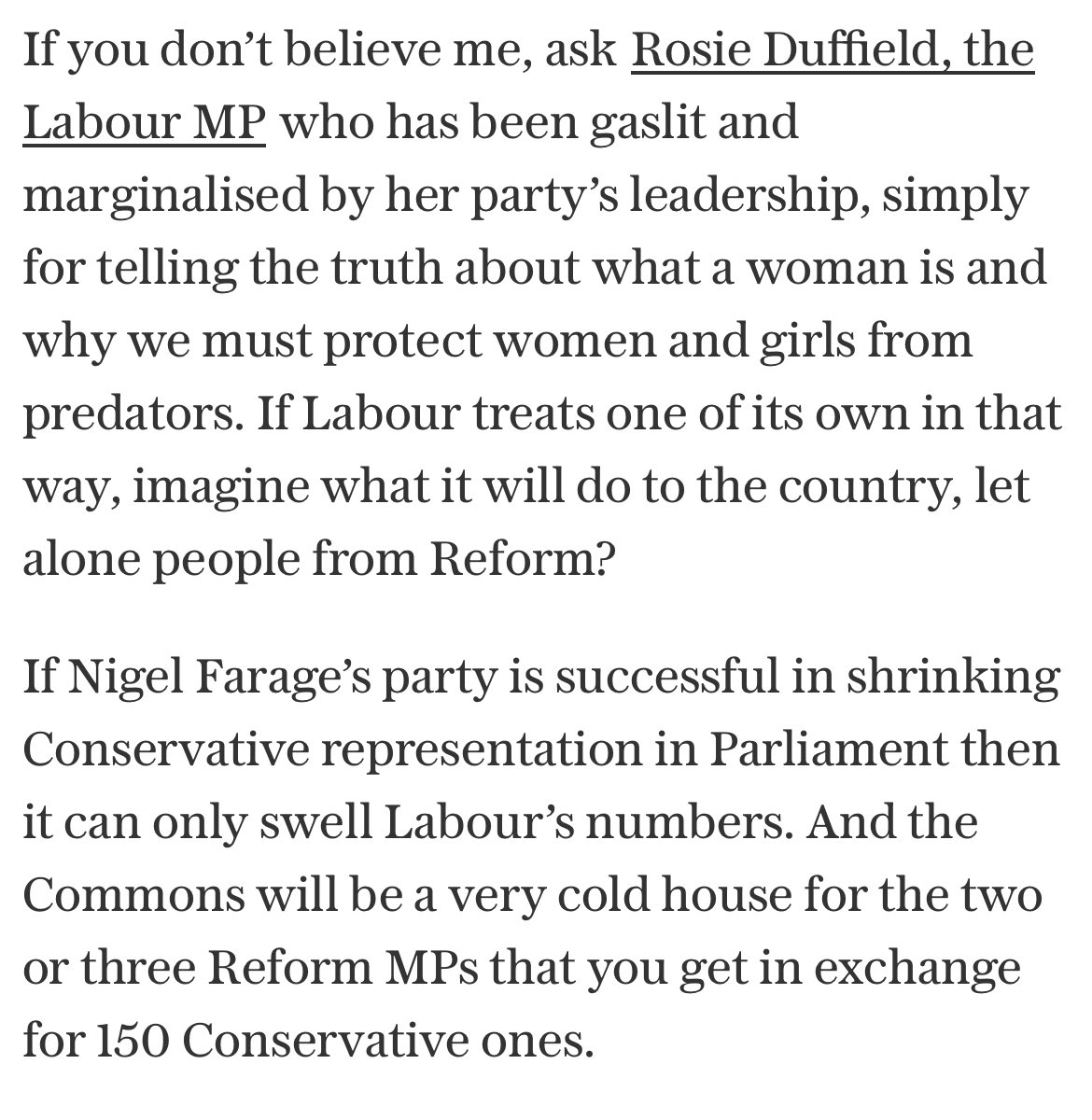 I can’t count the number of times, I’ve had to personally intervene to stop the cancel culture and harassment of individuals, including Mr Farage himself.

In their eagerness to remove Tory MPs, Reform are actually removing their own last line of defence.  My OpEd today 👇