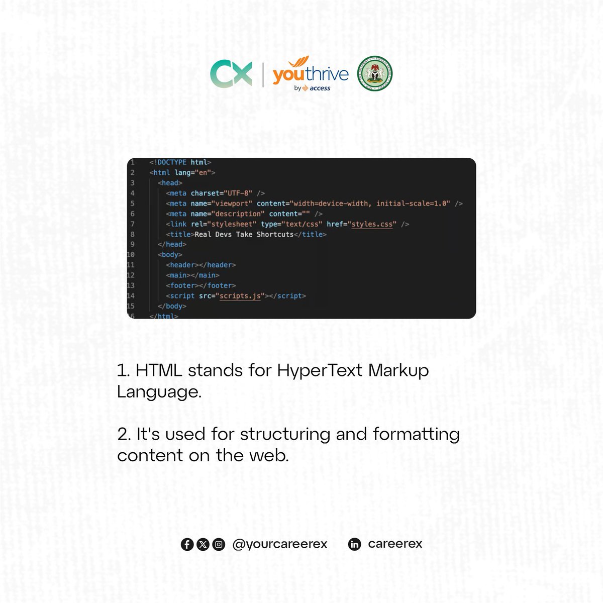 yourcareerex's tweet photo. These are just some of the basics, but there’s much more to explore in the world of HTML!
#html #accessbank #youthrive #careerexinternship #elitepath #tech #yourcareerex #techblogger #coding #programmer #productmanager #elitepath #techinportharcourt https://t.co/PvQXxXrDe3