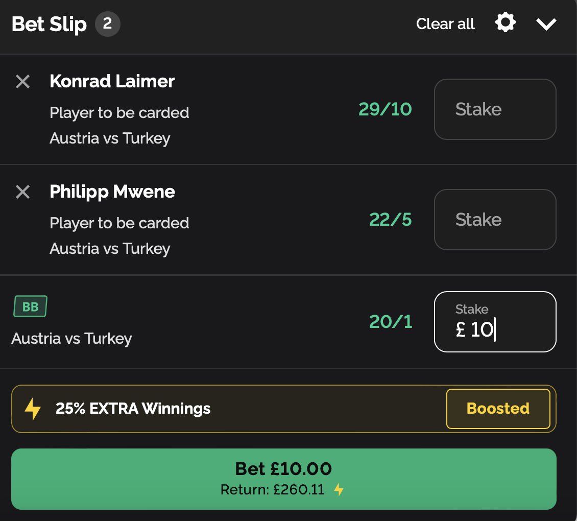 TheCardDealer's tweet image. 📈 SBK BOOSTED DOUBLE 

📲 Betslip Link HERE: 
tcd.bet/AustriaTurkey

✍🏻 Austria averaging 16.3 fouls p/g, the highest of any team across #Euro2024

🇦🇹 MWENE: 3 fouls/1 card in 1.7 90s
🇦🇹 LAIMER: 4 fouls/1 card in 2.3 90s

🟡 GIVEAWAY: IF THIS BET LANDS, I'LL GIVE THE FULL…