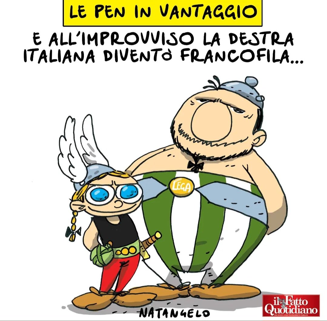 NatangeloM's tweet photo. Mussolix - la mia vignetta per la prima pagina de Il Fatto Quotidiano oggi in edicola! 

#lepen #francia #macron #meloni #salvini #vignetta #fumetto #memeitaliani #umorismo #satira #humor #natangelo https://t.co/J2QVOZ9xFF