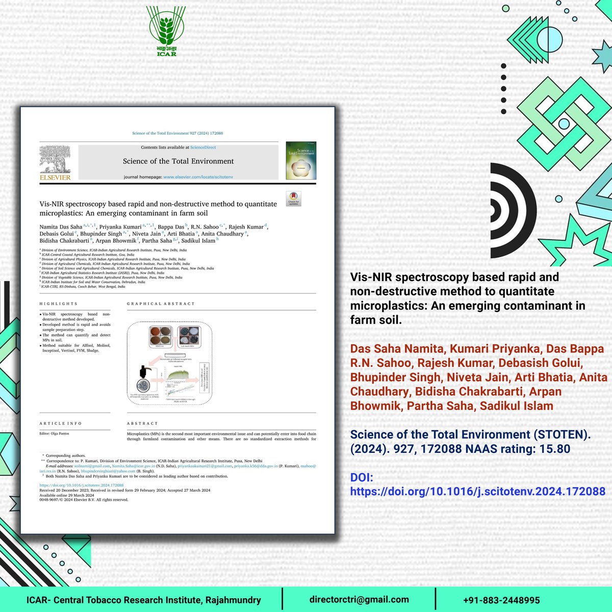 Indian Council of Agricultural Research. (@icarindia) on Twitter photo Research paper: Vis-NIR spectroscopy based rapid and non-destructive method to quantitate microplastics: An emerging contaminant in farm soil.
doi.org/10.1016/j.scitтАж
#Publication #OneProductOneDay #student #ICAR
<a href="/PMOIndia/">PMO India</a> <a href="/ChouhanShivraj/">Shivraj Singh Chouhan</a> <a href="/mpbhagirathbjp/">Bhagirath Choudhary</a> <a href="/AgriGoI/">Agriculture INDIA</a> Research paper: Vis-NIR spectroscopy based rapid and non-destructive method to quantitate microplastics: An emerging contaminant in farm soil.
doi.org/10.1016/j.scitтАж
#Publication #OneProductOneDay #student #ICAR
<a href="/PMOIndia/">PMO India</a> <a href="/ChouhanShivraj/">Shivraj Singh Chouhan</a> <a href="/mpbhagirathbjp/">Bhagirath Choudhary</a> <a href="/AgriGoI/">Agriculture INDIA</a>