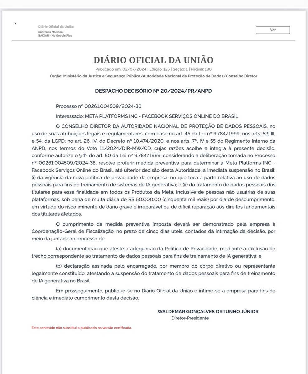 The Brazilian DPA just ordered Meta to pause the training of large language models using public content shared by adults on Facebook and Instagram in Brazil.