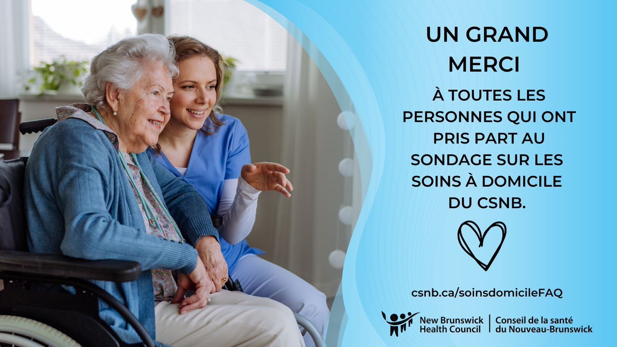 ConseilsanteNB's tweet image. Merci à tou·te·s les citoyen·ne·s qui ont participé au Sondage sur les soins à domicile du CSNB. Votre collaboration permet de mieux comprendre l'expérience de la population en matière de services de soins à domicile au N.-B. Info: buff.ly/3yLjJO4 

#SondageSoinsDomicile