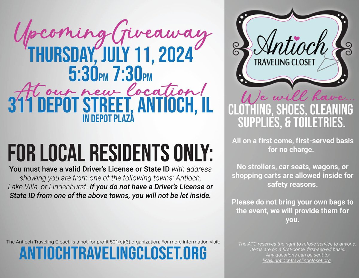 Antioch Traveling Closet (@atwitc) on Twitter photo Our next giveaway, in the evening, for local residents. <a href="/Sequoits/">Antioch High School</a> <a href="/Antioch34/">Antioch District 34</a> <a href="/LakesEagles/">LakesEagles</a> <a href="/LakeVilla41/">Lake Villa CCSD 41</a> Our next giveaway, in the evening, for local residents. <a href="/Sequoits/">Antioch High School</a> <a href="/Antioch34/">Antioch District 34</a> <a href="/LakesEagles/">LakesEagles</a> <a href="/LakeVilla41/">Lake Villa CCSD 41</a>