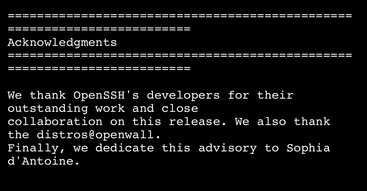 Ryan Speers (@rmspeers) on Twitter photo Great find of a vulnerability in well defended software, but also a great write up of the find, theory, work around, and practice with CVE-2024-6387 on OpenSSH. But also class that made me smile a bit - a memory of <a href="/Calaquendi44/">Sophia d’Antoine</a> and her work Great find of a vulnerability in well defended software, but also a great write up of the find, theory, work around, and practice with CVE-2024-6387 on OpenSSH. But also class that made me smile a bit - a memory of <a href="/Calaquendi44/">Sophia d’Antoine</a> and her work