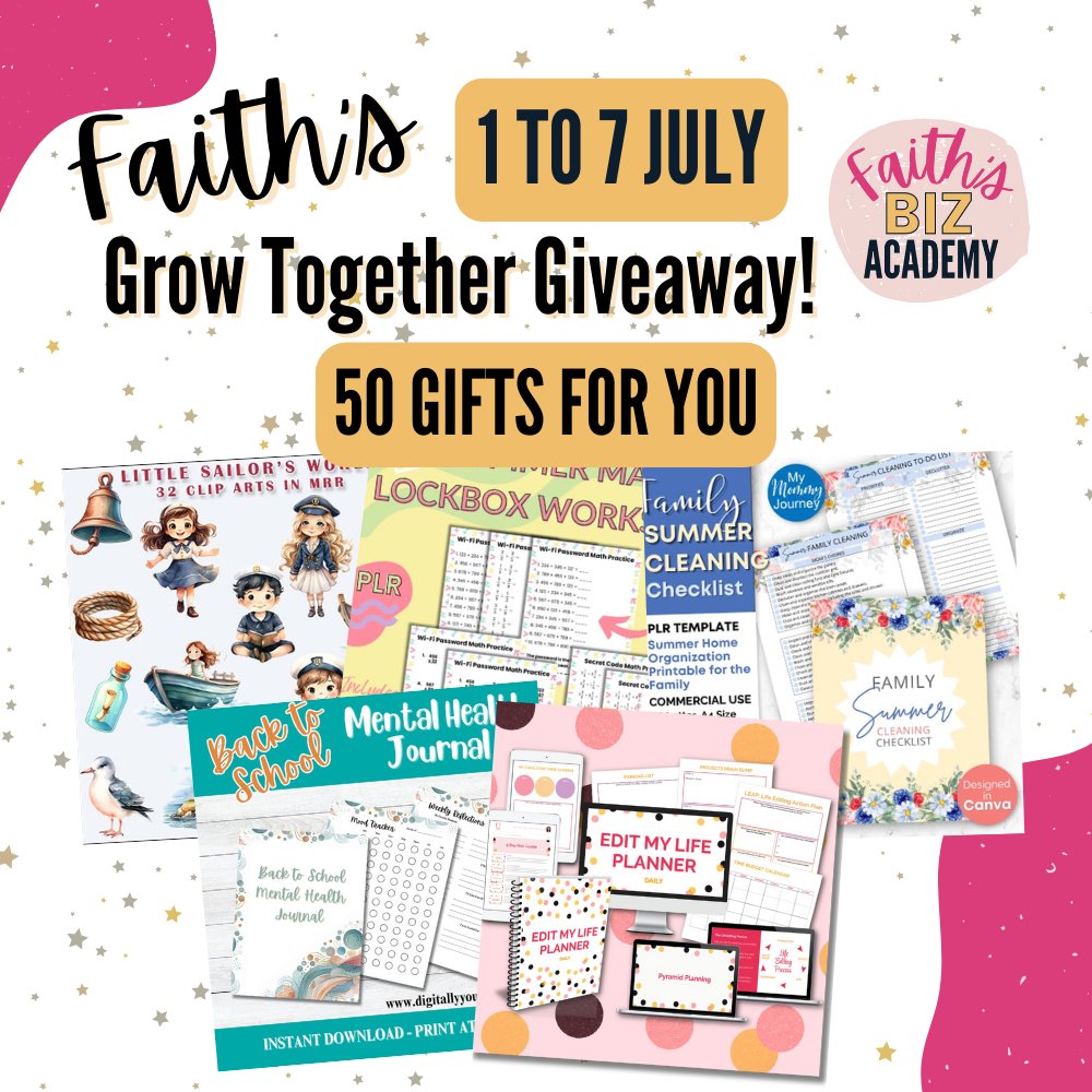SRDigitalShop's tweet image. Faith's Grow Together Giveaway is here, and it’s
HUGE! From July 1-7, you can grab over 50 FREE
personal use and business development products!
🎁✨ (Affiliate Link) bit.ly/FGTGSR