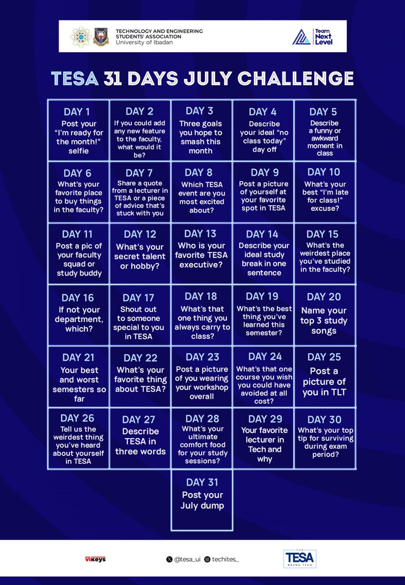 techites_ui's tweet photo. Happy new month Techites! 🥳

Welcome to the second half of the year. 🤭

Allow us to indulge you this month with TESA’s 31 days July challenge

We can’t wait to see what you have for each new day 😁😁

#july #techites #NewMonth https://t.co/QFgnBaZLzV