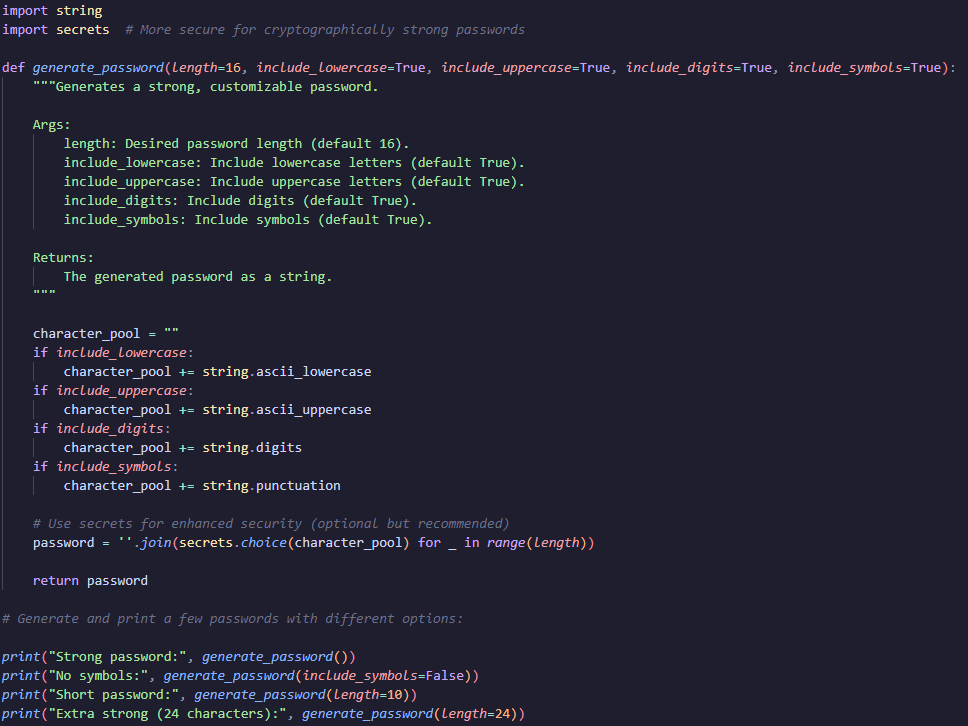 tushar_elric's tweet image. 🚀 Python learners, level up your skills!
💪 Today&apos;s lesson: generating strong passwords 🔒  Check out this simple code to build your own password generator.  
Here&apos;s the code snippet: github.com/tushrv/Exercis…
#Python #PasswordSecurity #Coding101